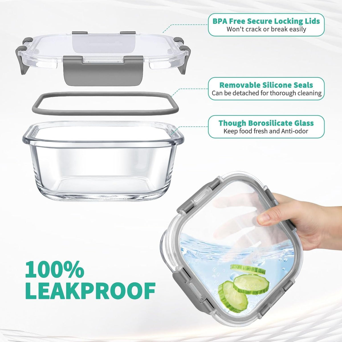 34Pcs Glass Food Storage Containers with Lids Set, Airtight Meal Prep Containers (17 Containers & 17 Lids), Grey