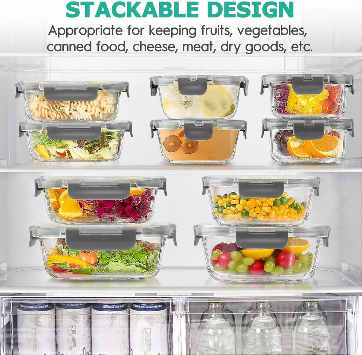 34Pcs Glass Food Storage Containers with Lids Set, Airtight Meal Prep Containers (17 Containers & 17 Lids), Grey